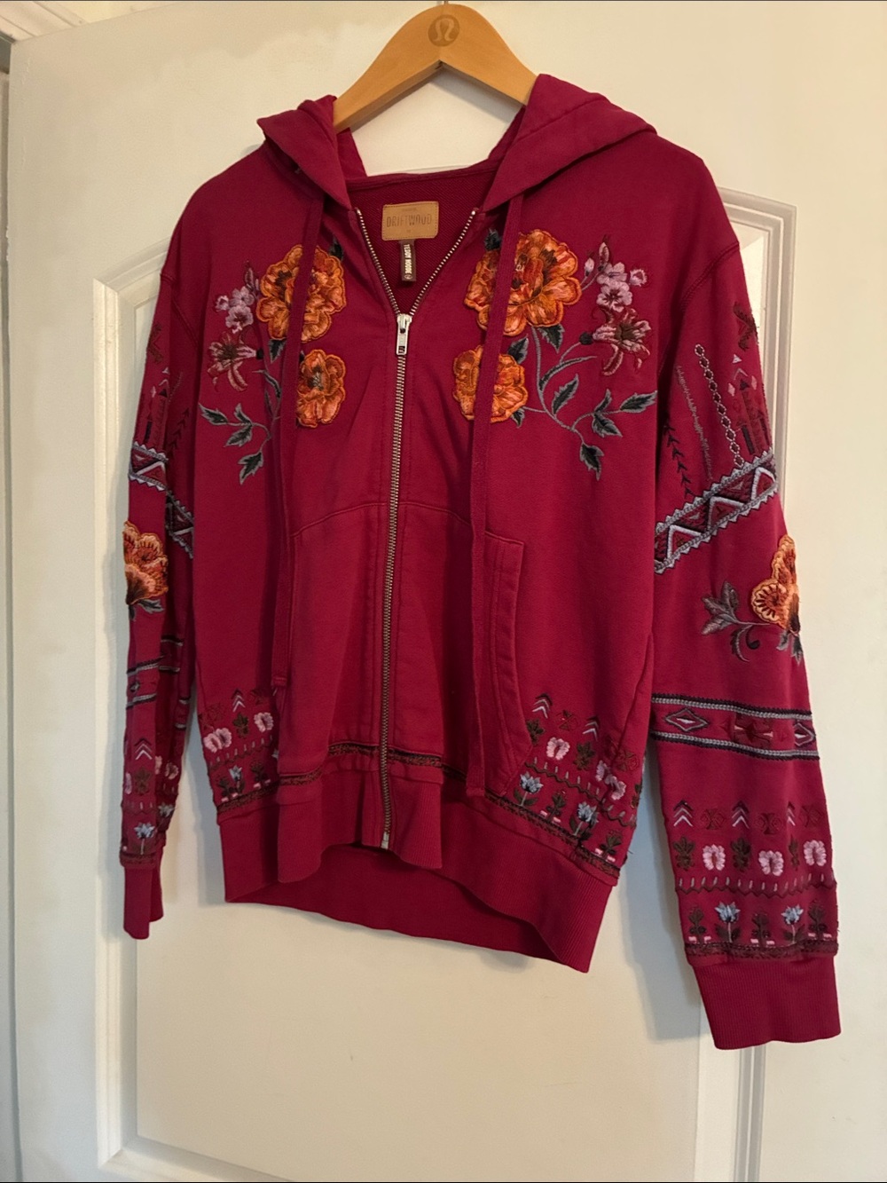 DRIFTWOOD burgundy Teddy Hoodie with Embroidered Detail - XS (runs larger)